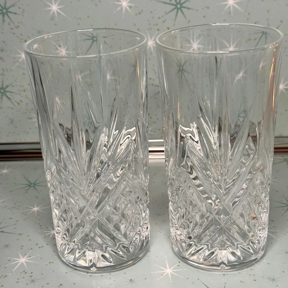 Set of 2 Crystal Highball Glasses Cut Starburst Pattern Vintage Barware 6 inches